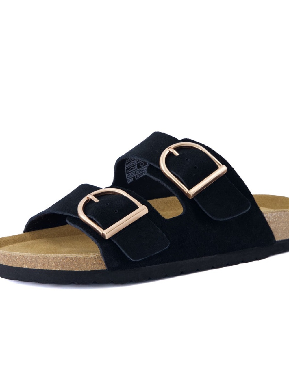 Black Double-Buckle Suede Slide Sandals